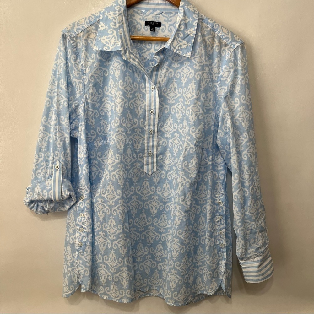 Talbots 100% Cotton Blue White Tunic Top